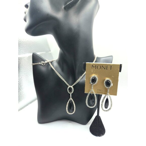 Monet Black Rhinestone Necklace & Earrings Set New Old Stock Vintage Clip Ons - Picture 4 of 7